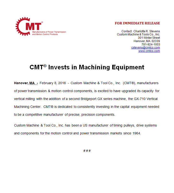 CMT Invests in Machining equipment