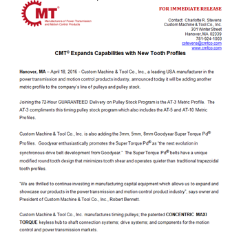 CMT Expands Capabilities with New Tooth Profiles